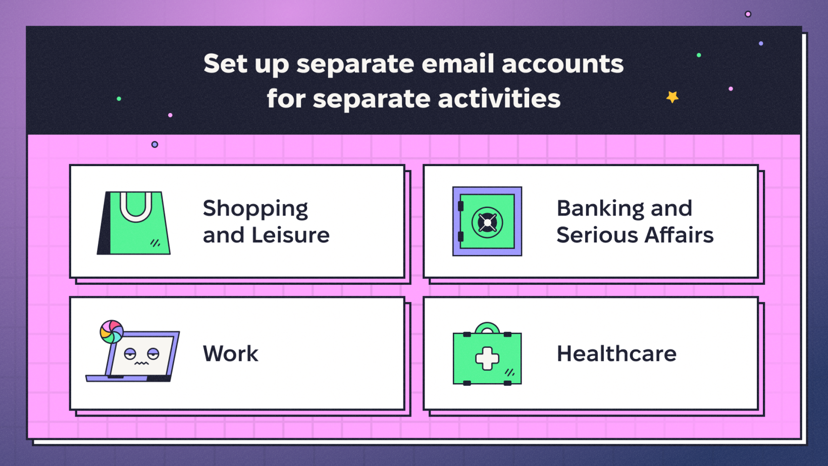 Graphic saying "Set up separate email accounts for separate activities