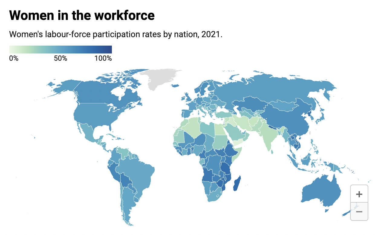 Labour force refers to all persons of working age who are employed and those who are unemployed. The labour force participation rate expresses the labour force as a percentage of the working-age population.Map: The Conversation Source: International Labour Organization Get the data Created with Datawrapper